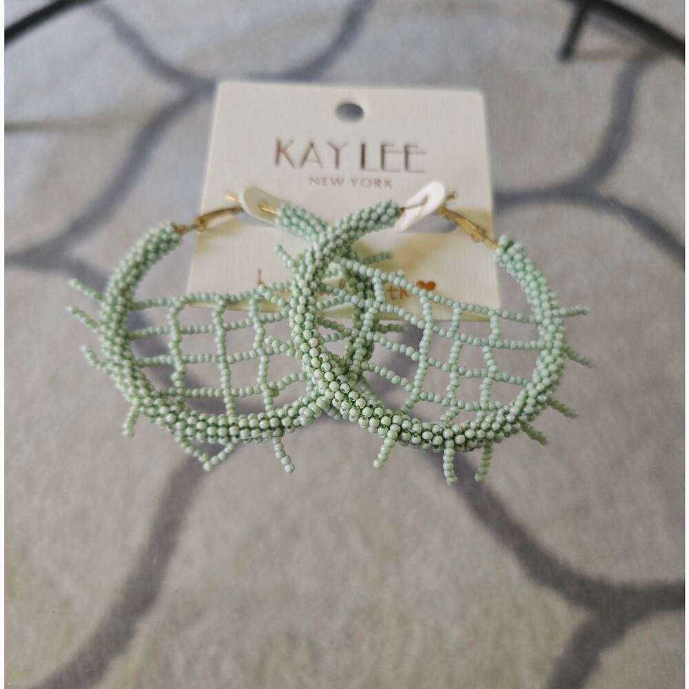 Kay Lee Sage Green Web Hoop Earrings New - Picture 2 of 3